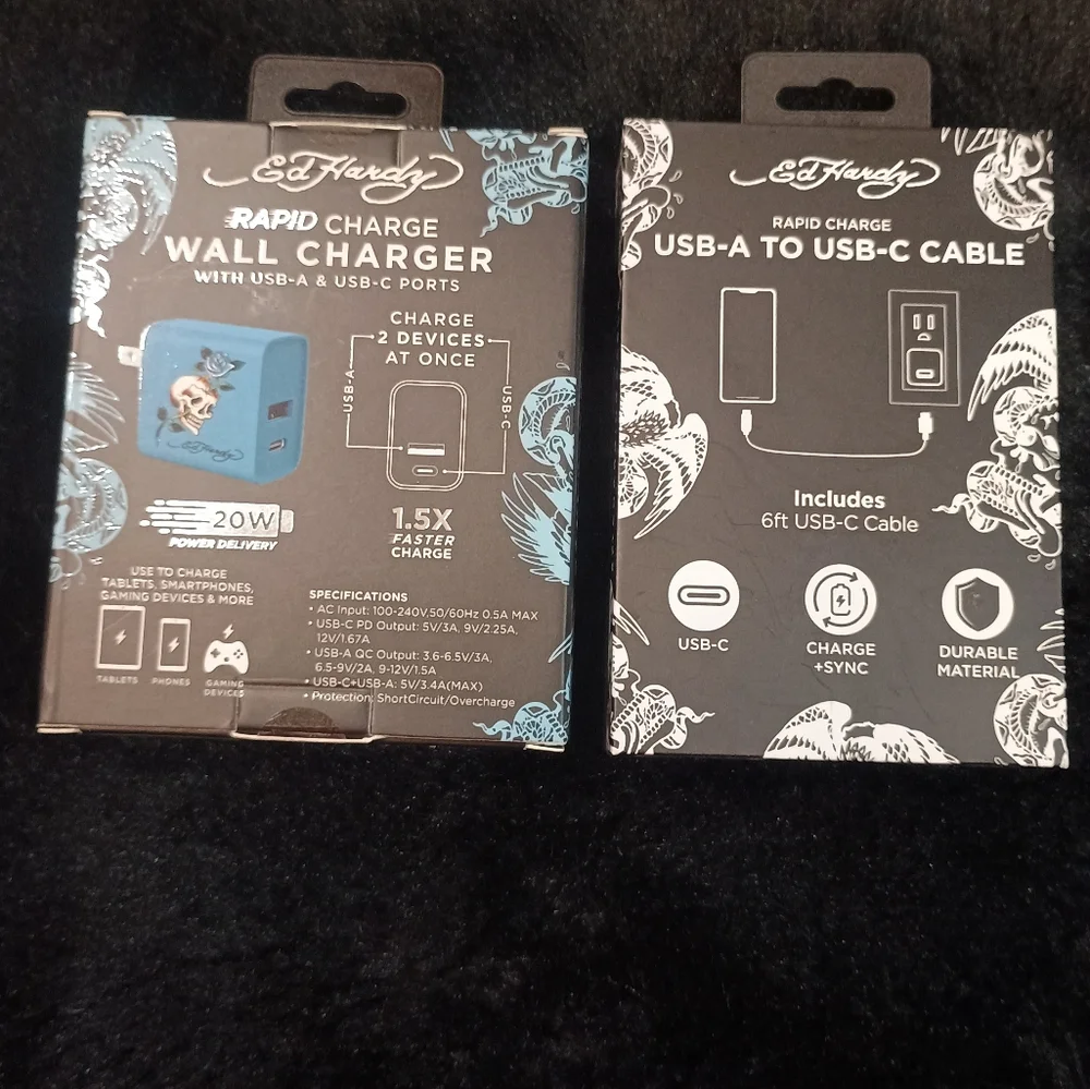 New Ed Hardy Blue Rapid Charge Wall Charger with 6ft USB-C Cable Set Of 2